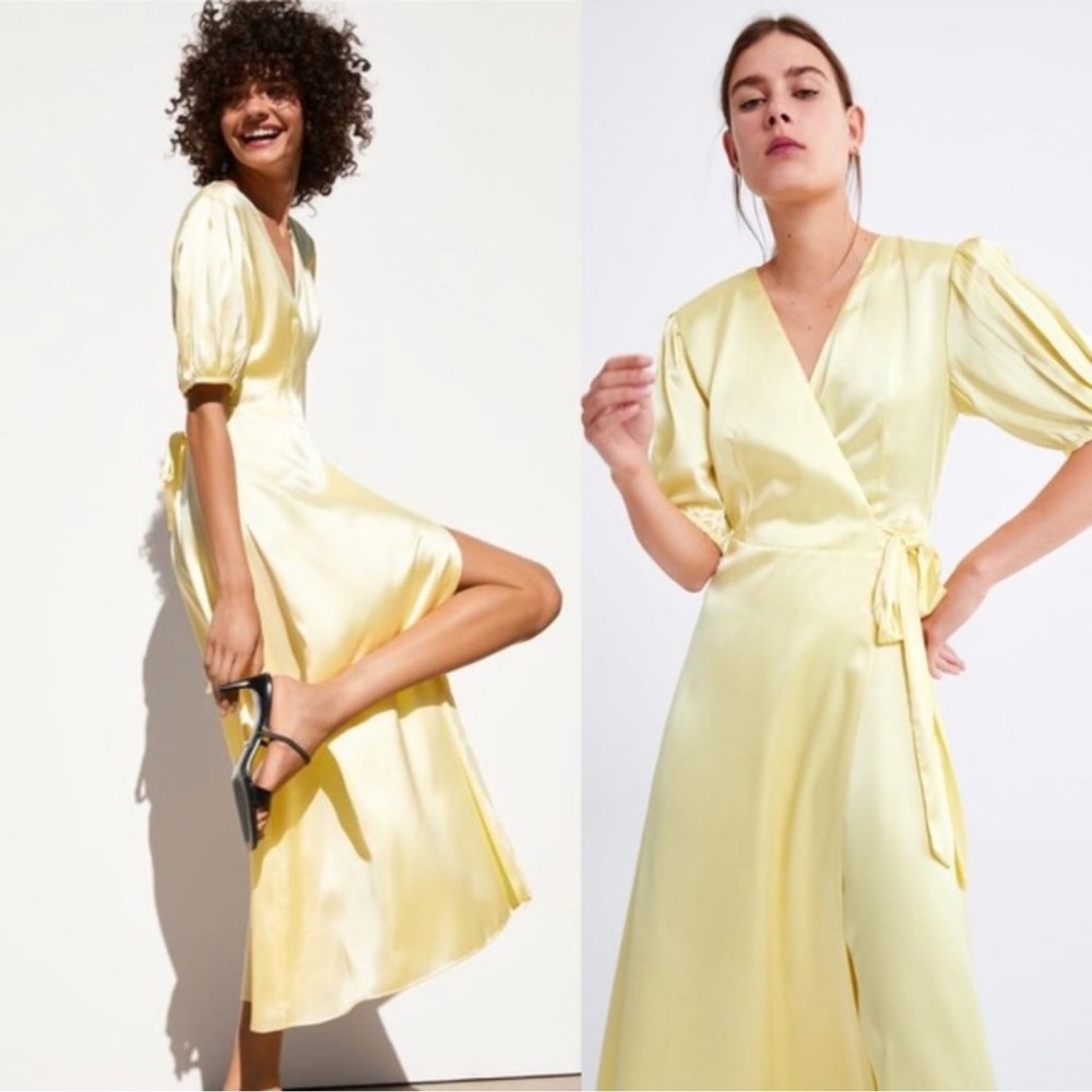 ZARA FULLY LINED YELLOW SATIN EFFECT WRAP LONG MAXI DRESS